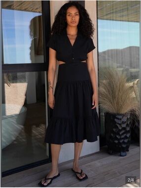 OAK + FORT Black 100% Cotton Tiered Cut-Out Fit Flare Poplin Dress